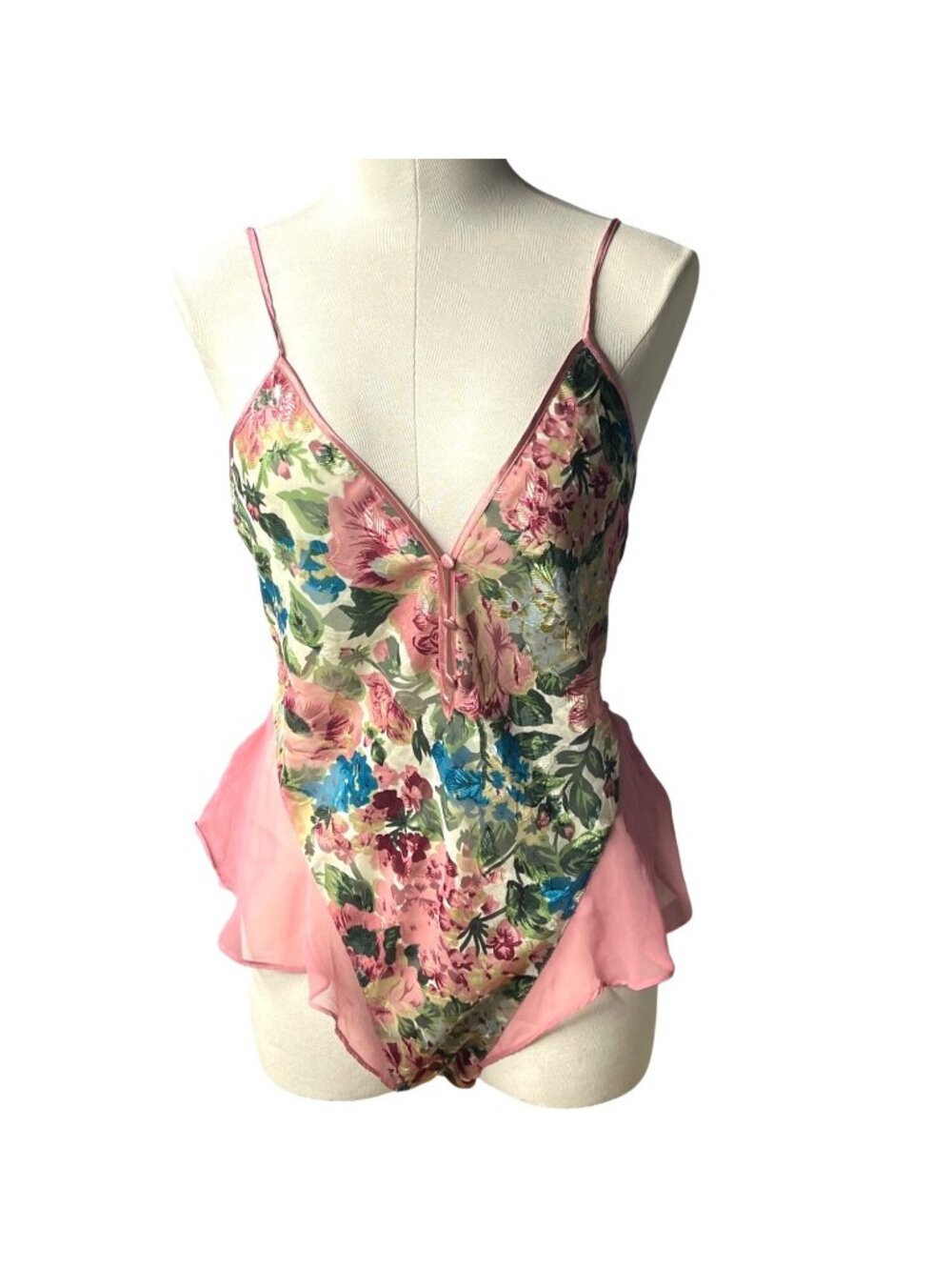 Victorias Secret Floral Sheer Teddy Bodysuit Pink Ruffle Medium Lingerie 45p
